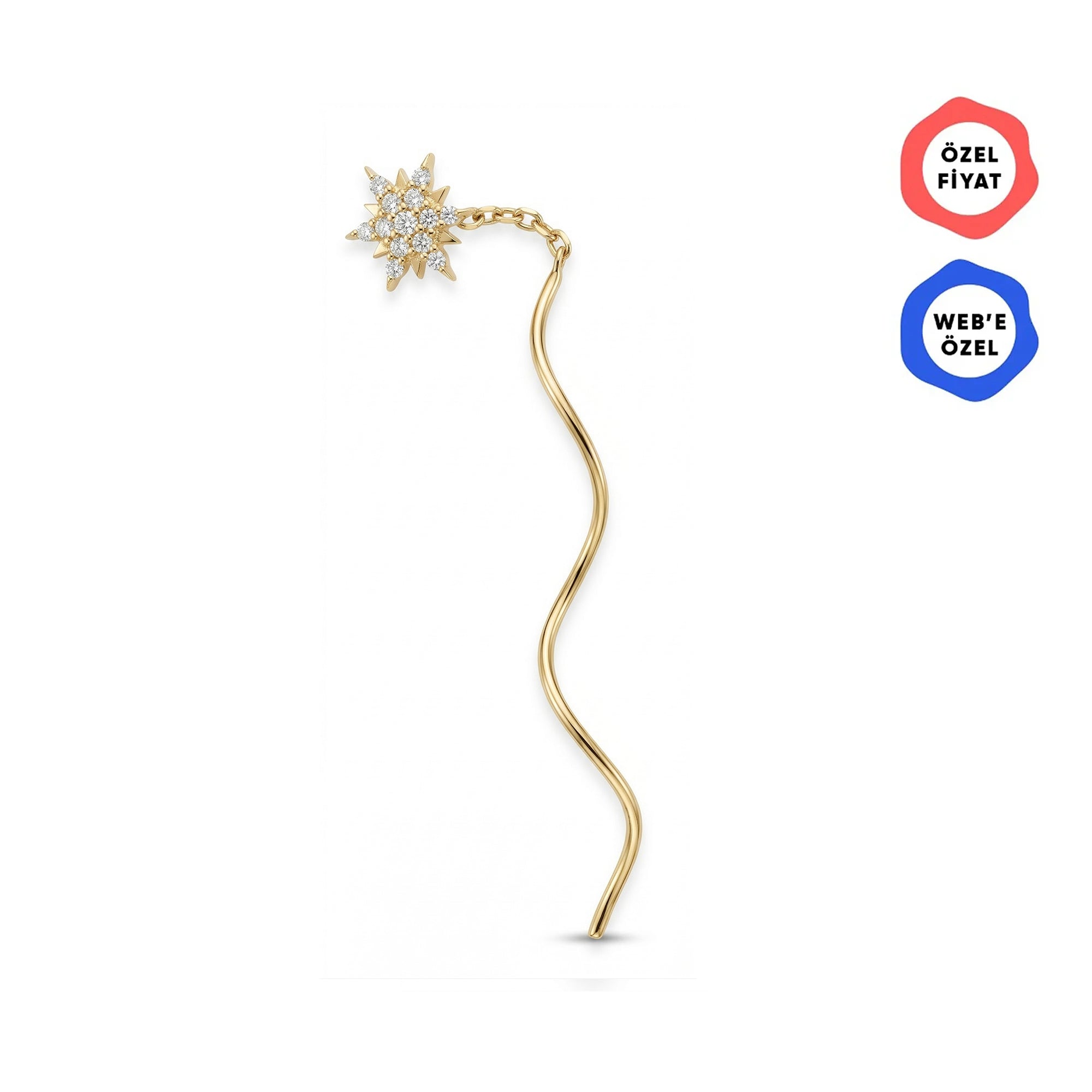 Ballerina Güneş Figür Taşlı Kavis Sallantılı Altın Relax Piercing / 14 Ayar Sarı Altın