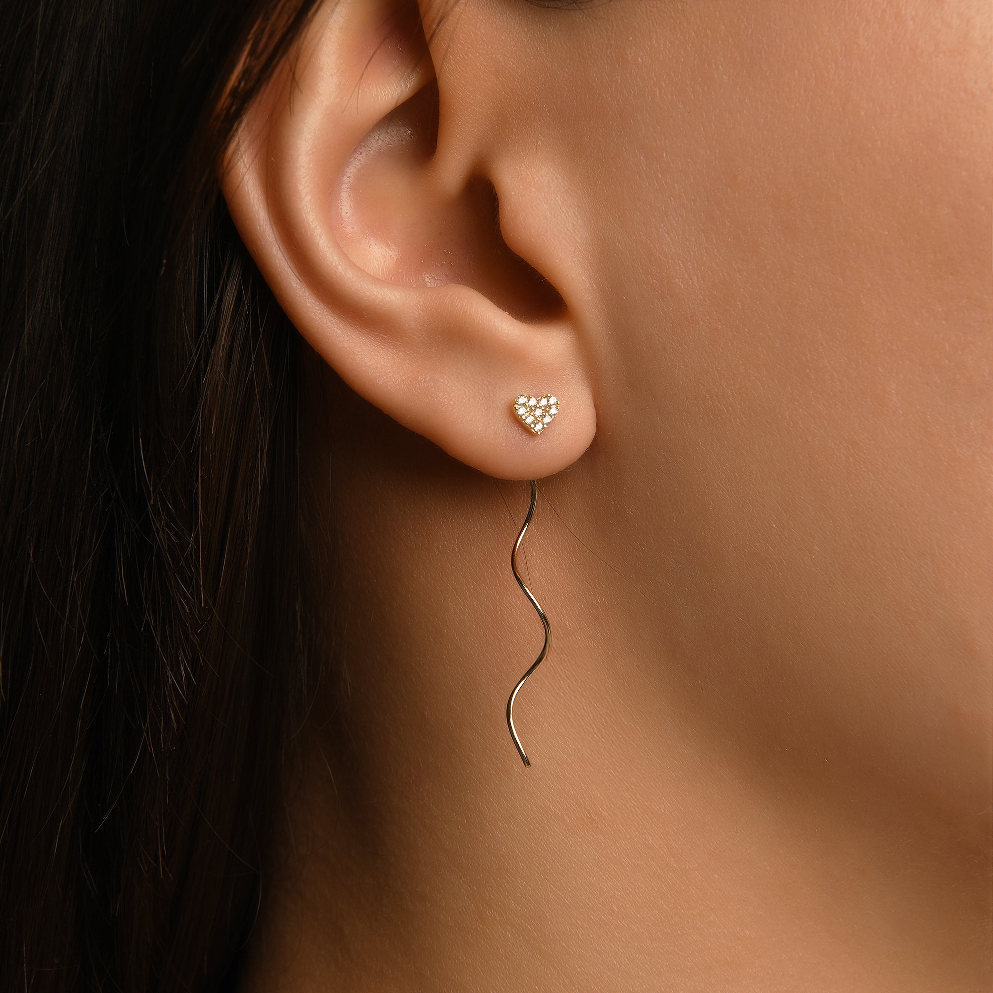 Ballerina Kalp Figür Taşlı Kavis Sallantılı Altın Relax Piercing / 14 Ayar Sarı Altın