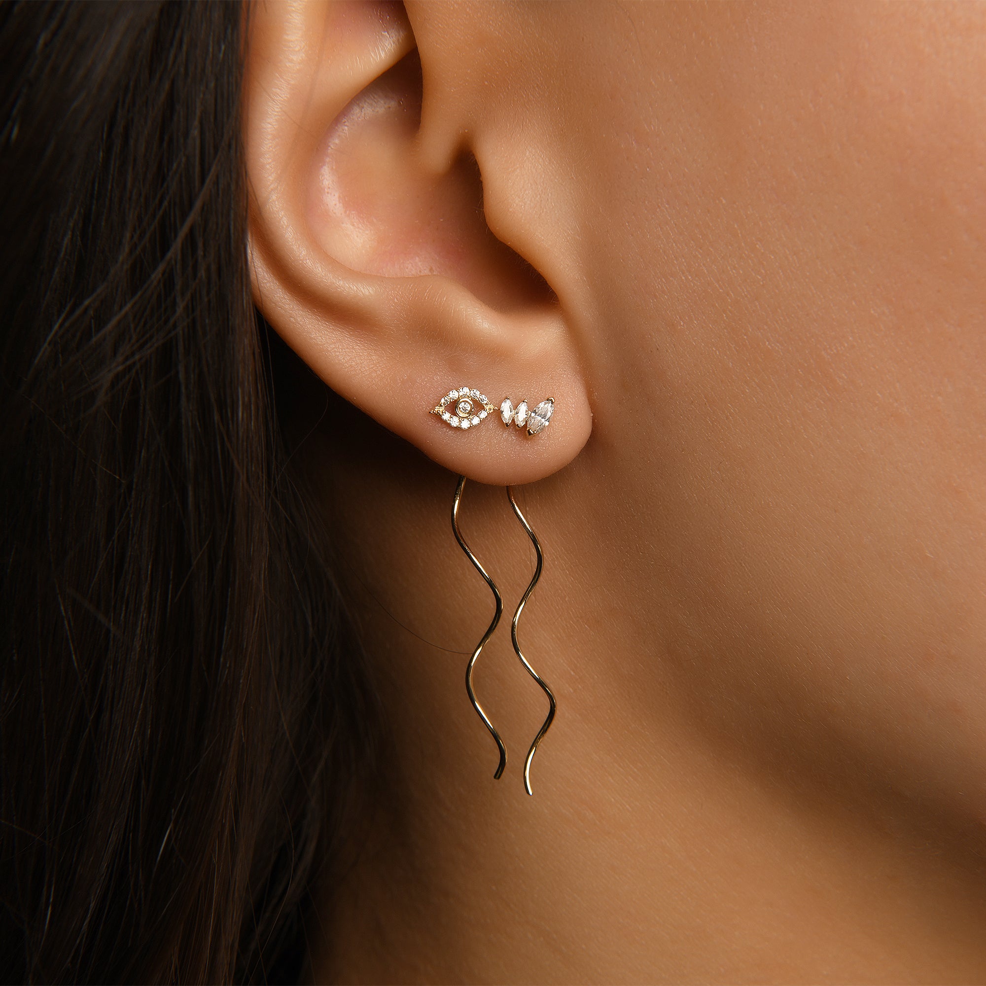 Ballerina Göz Figür Taşlı Kavis Sallantılı Altın Relax Piercing / 14 Ayar Sarı Altın / Kombin