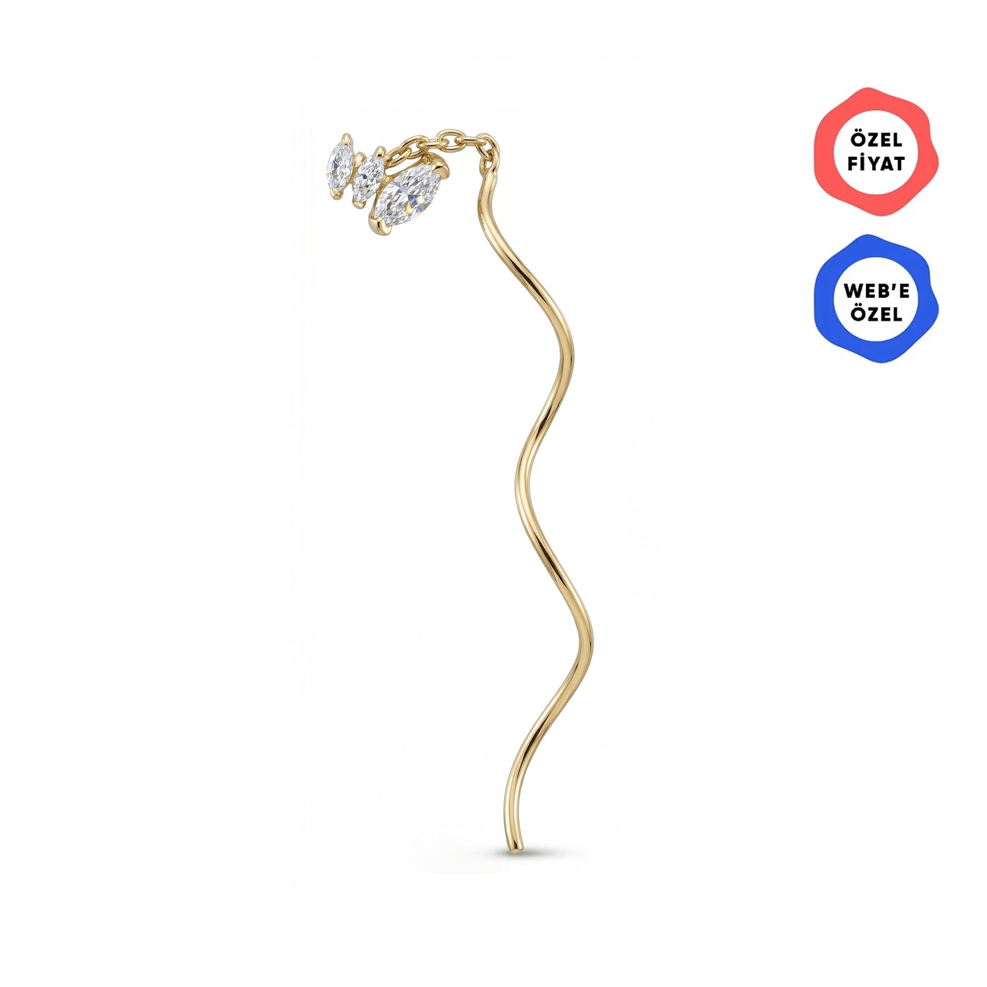 Ballerina Üçlü Markiz Taşlı Kavis Sallantılı Altın Relax Piercing / 14 Ayar Sarı Altın