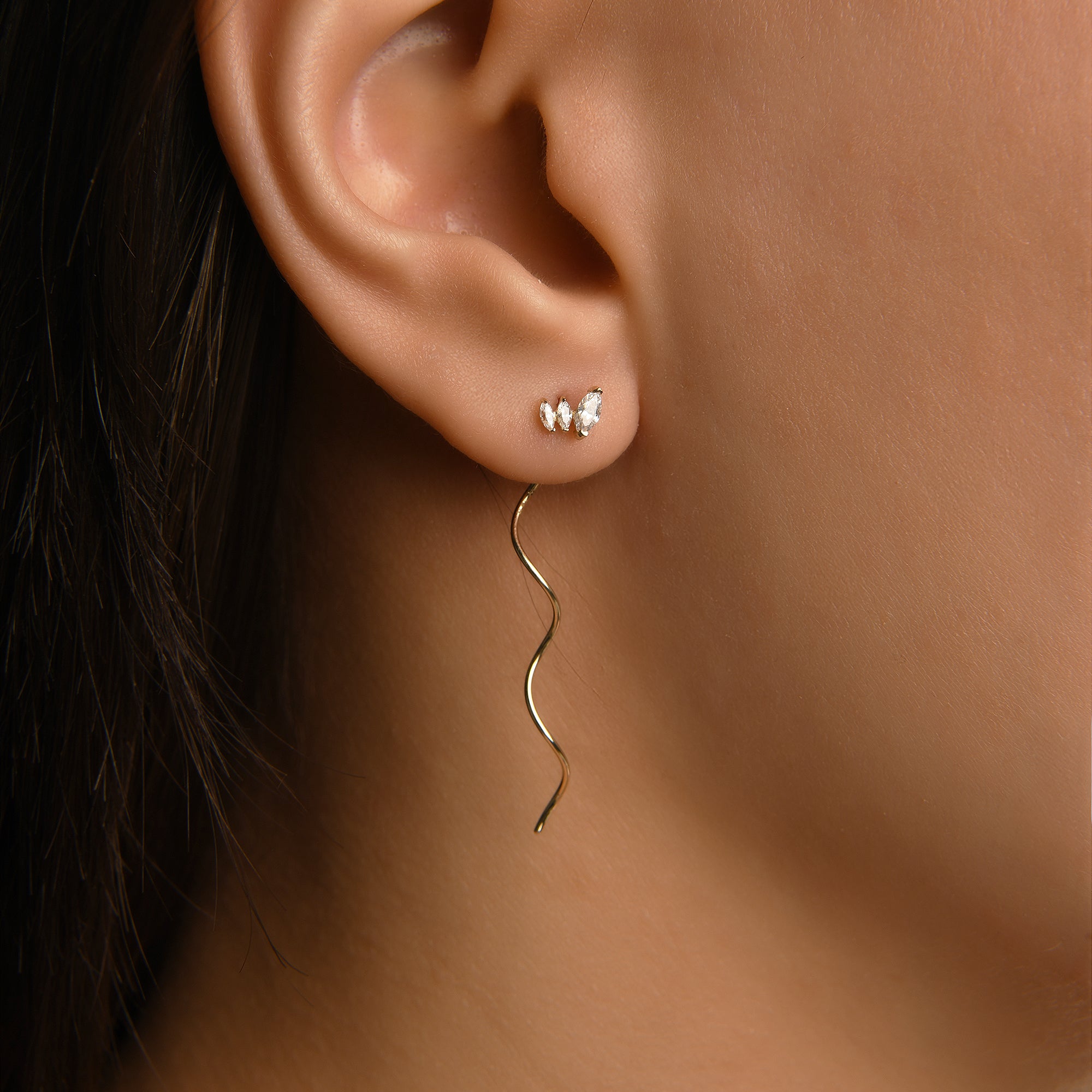 Ballerina Üçlü Markiz Taşlı Kavis Sallantılı Altın Relax Piercing / 14 Ayar Sarı Altın