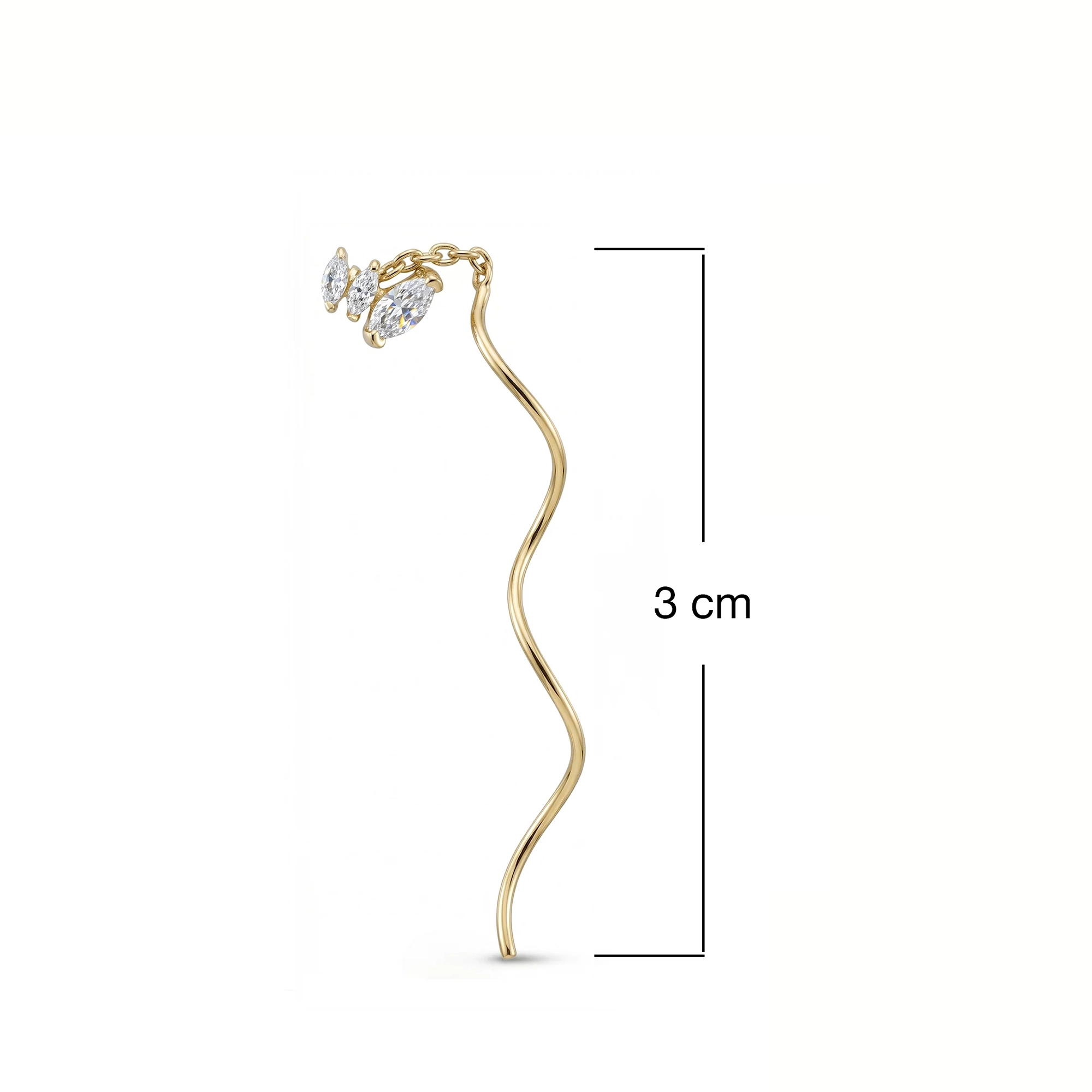 Ballerina Üçlü Markiz Taşlı Kavis Sallantılı Altın Relax Piercing / 14 Ayar Sarı Altın / Size