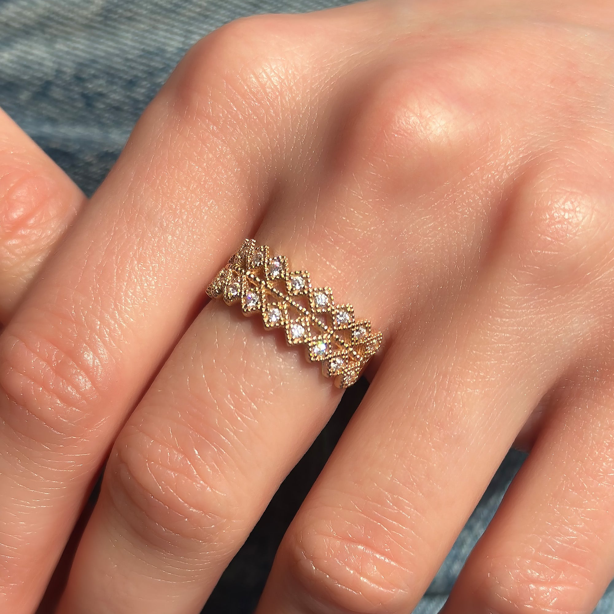 Çift Motifli Kraliçe Tacı Taşlı Altın Yüzük / 14 Ayar Sarı Altın