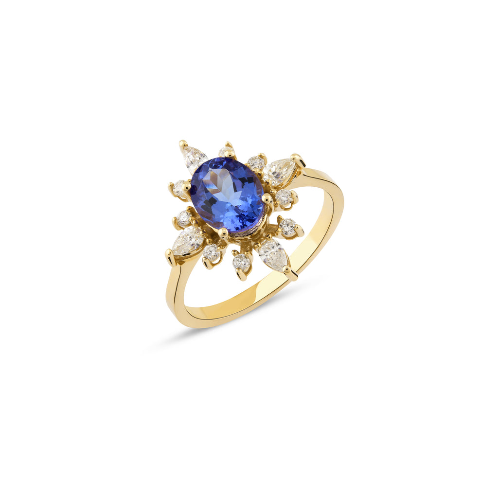 Tanzalit Taşlı 0.37 ct Pırlanta Yüzük / 14 Ayar Sarı Altın