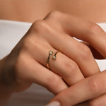 İkiz Damla Figürlü Taşlı Altın Yüzük / 14 Ayar Sarı Altın