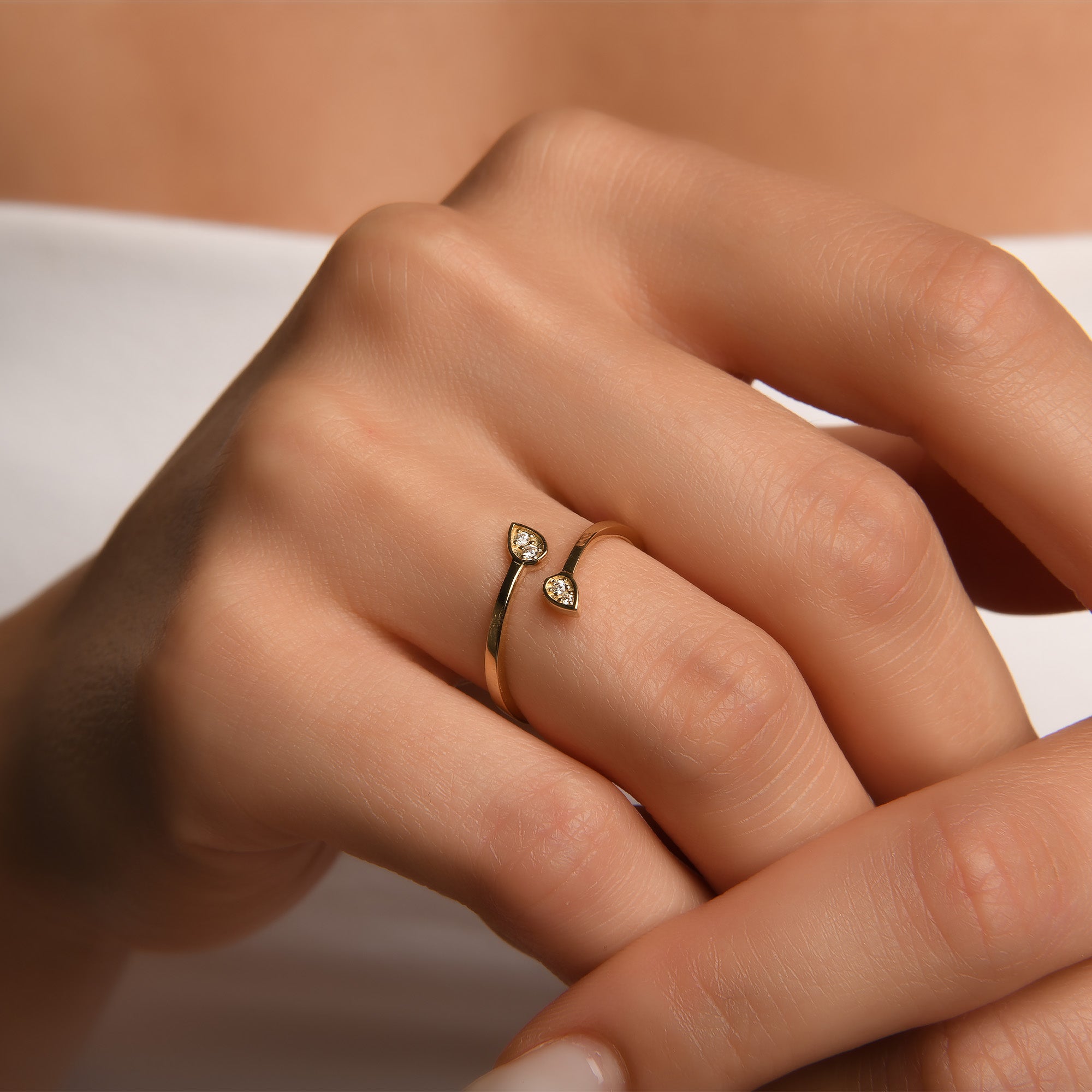 İkiz Damla Figürlü Taşlı Altın Yüzük / 14 Ayar Sarı Altın