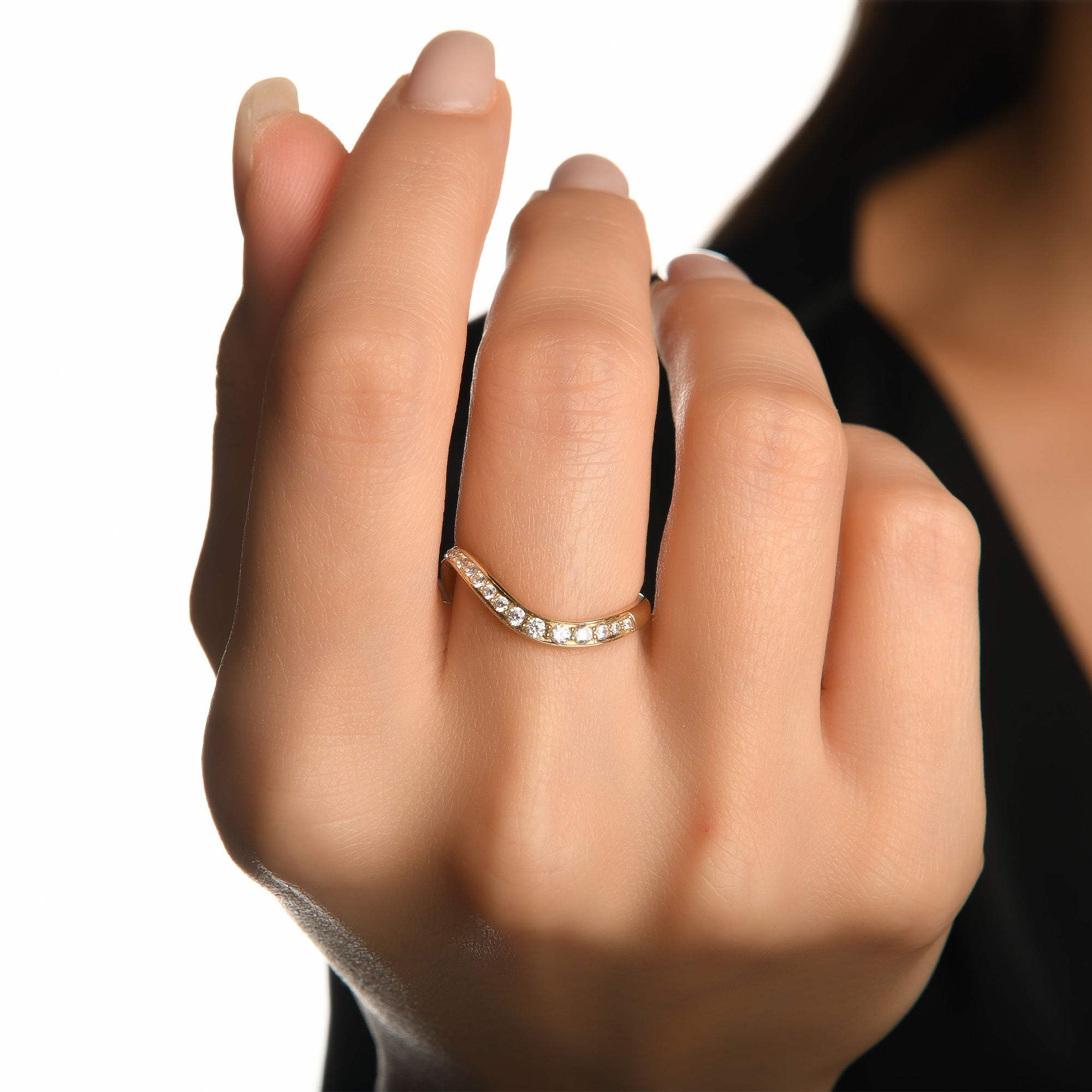 Curved Yarım Tur Taşlı Altın Yüzük / 14 Ayar Sarı Altın