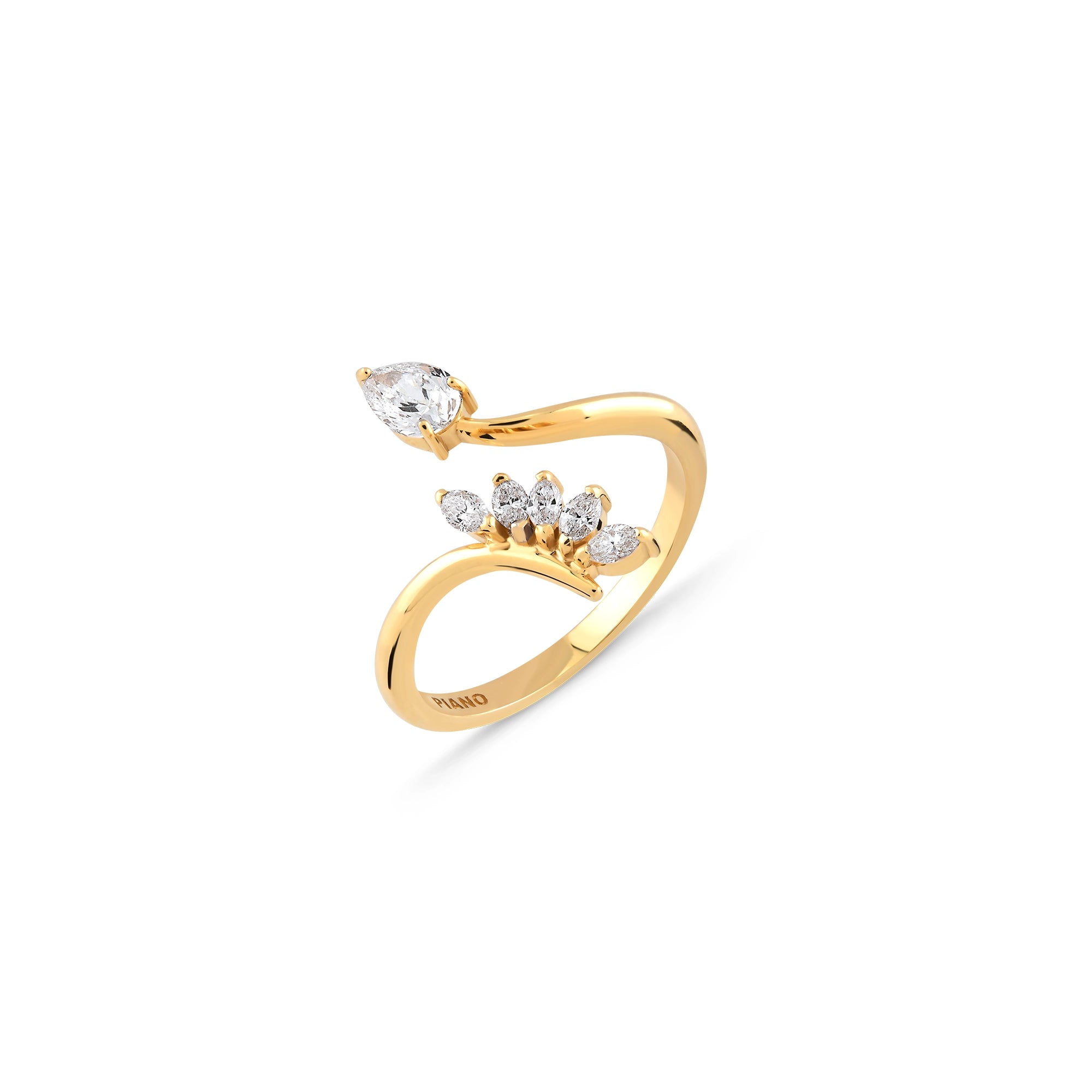 Çift Başlı Markiz Çiçek Tasarım Damla Taşlı Altın Yüzük / 14 Ayar Sarı Altın
