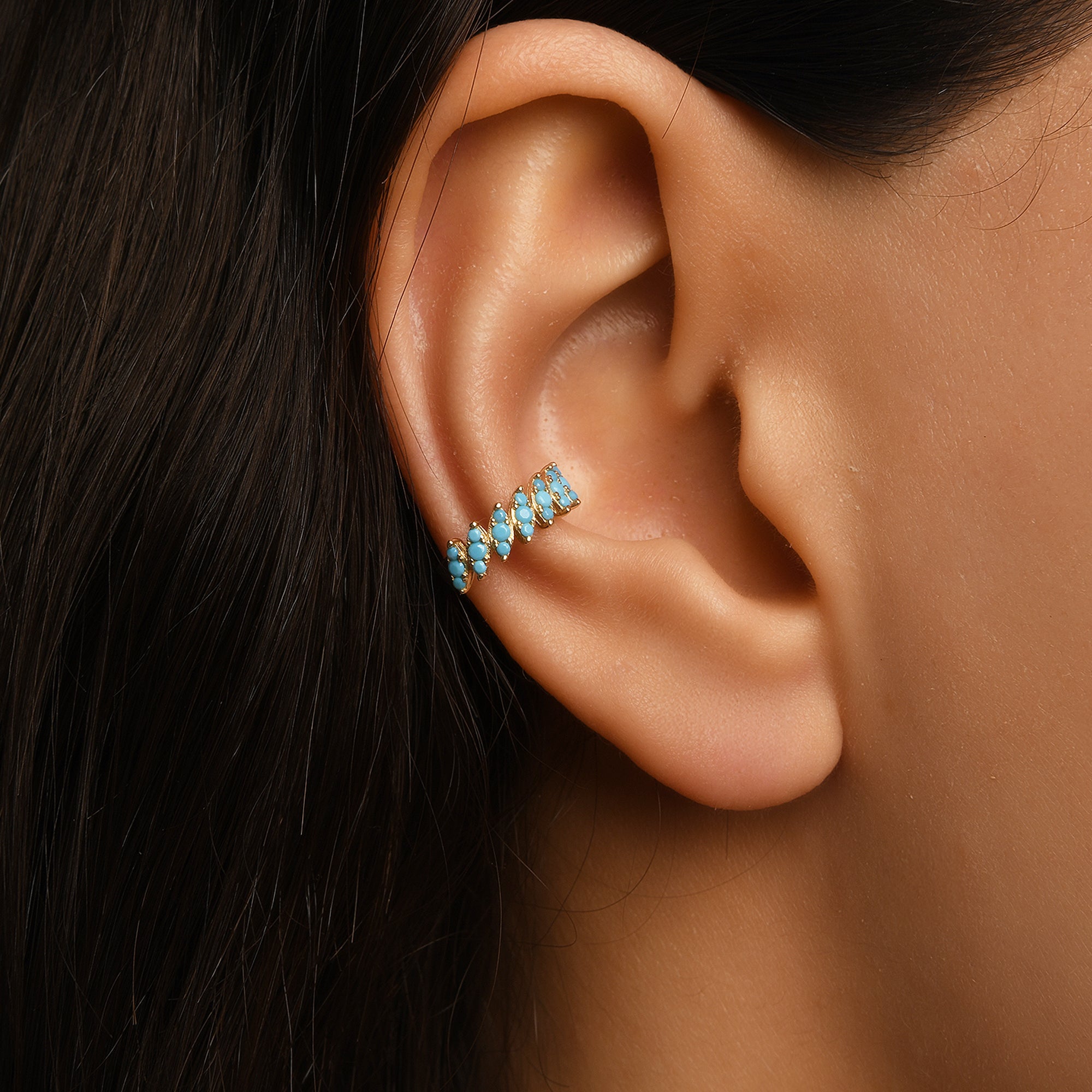Modern Sıralı Yatay Turkuaz Taşlı Altın Earcuff / 14 Ayar Sarı Altın