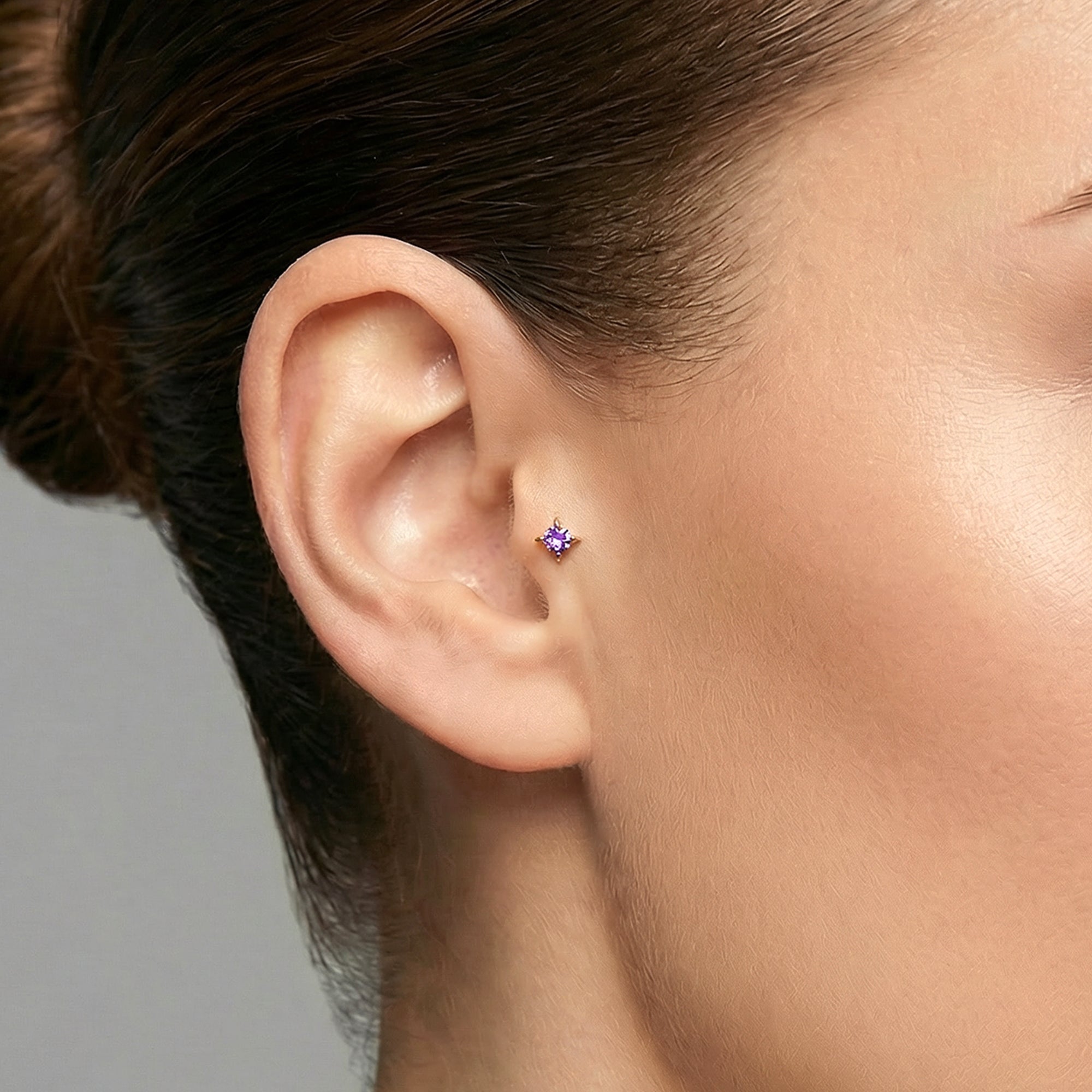 Purple / Palette Renkli Taş Seçenekli Altın Piercing / 14 Ayar Sarı Altın