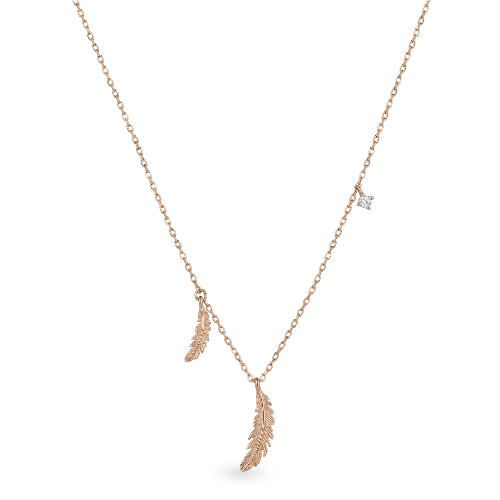 Çift Tüylü Taşlı Altın Kolye / 14 Ayar Rose Altın