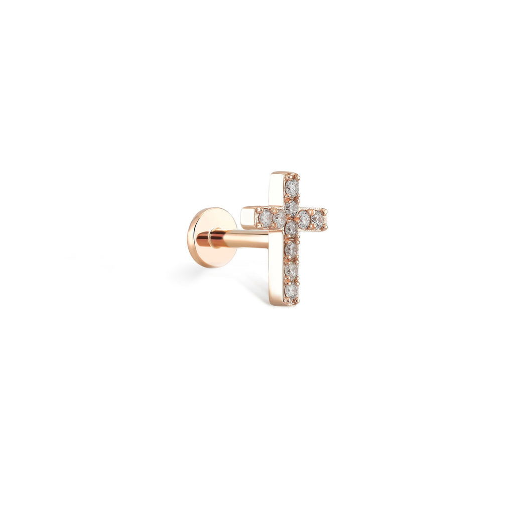 Cross Pırlanta Piercing / 14 Ayar Rose Altın