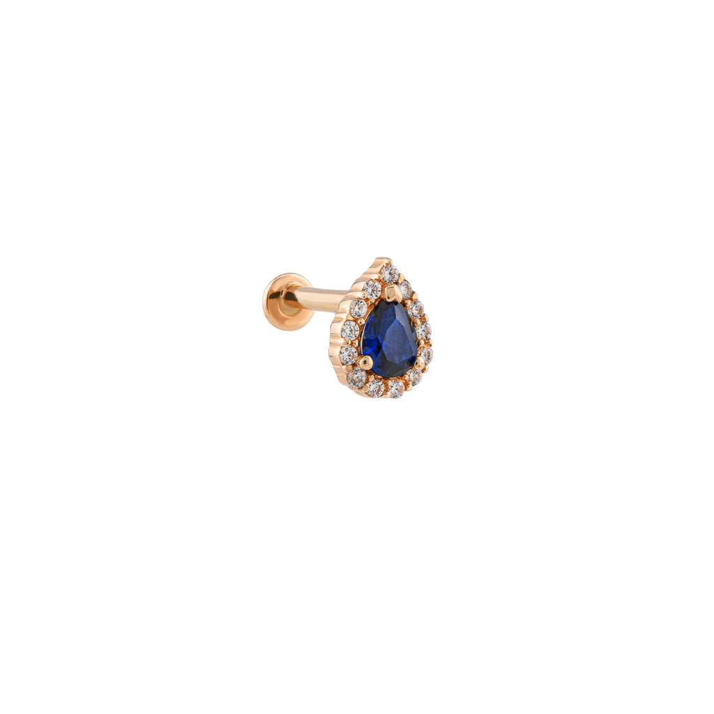 Mavi Taşlı Damla Altın Piercing / 14 Ayar Rose Altın