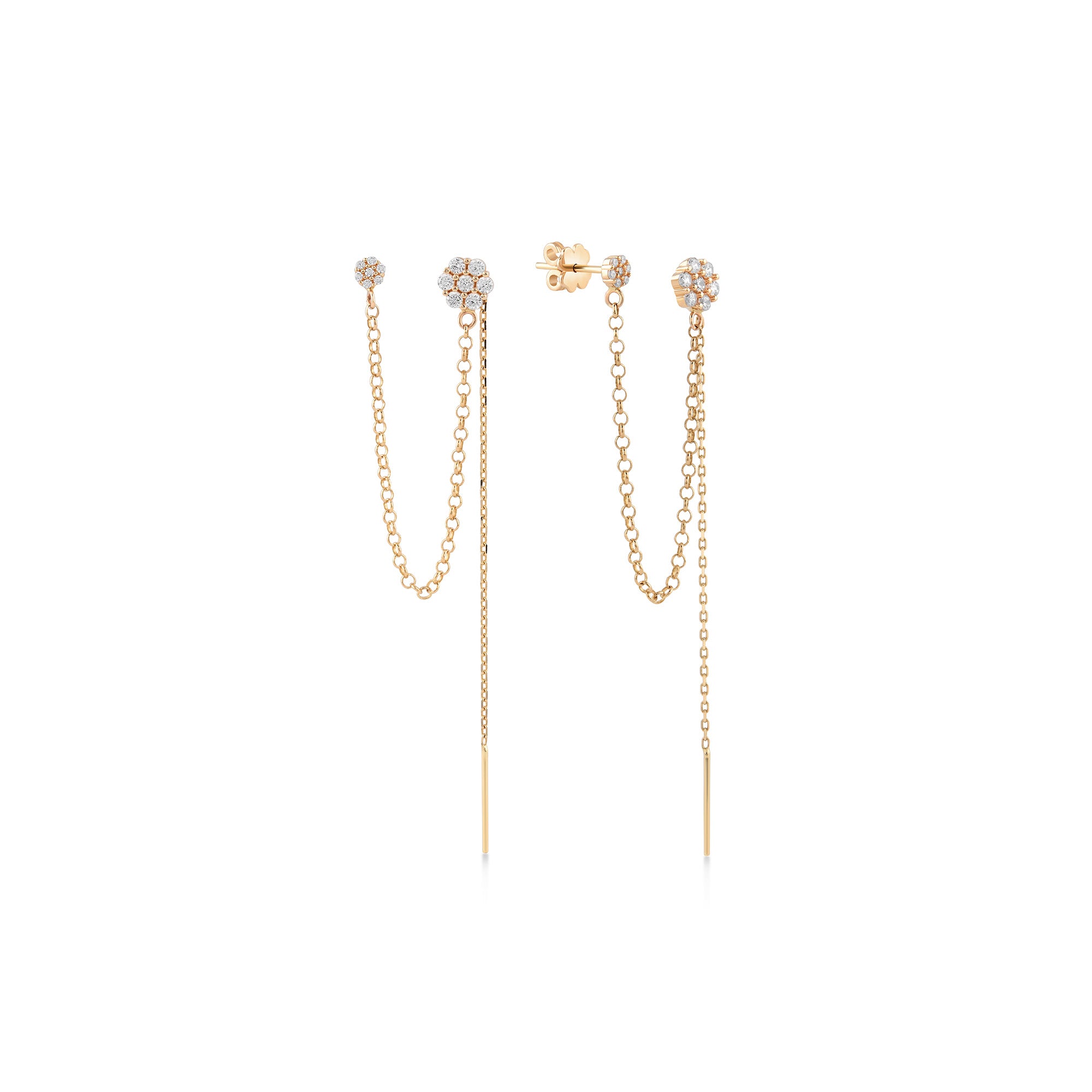 Çiçek Zincir Sallantılı Taşlı Tek Altın Küpe / 14 Ayar Rose Altın