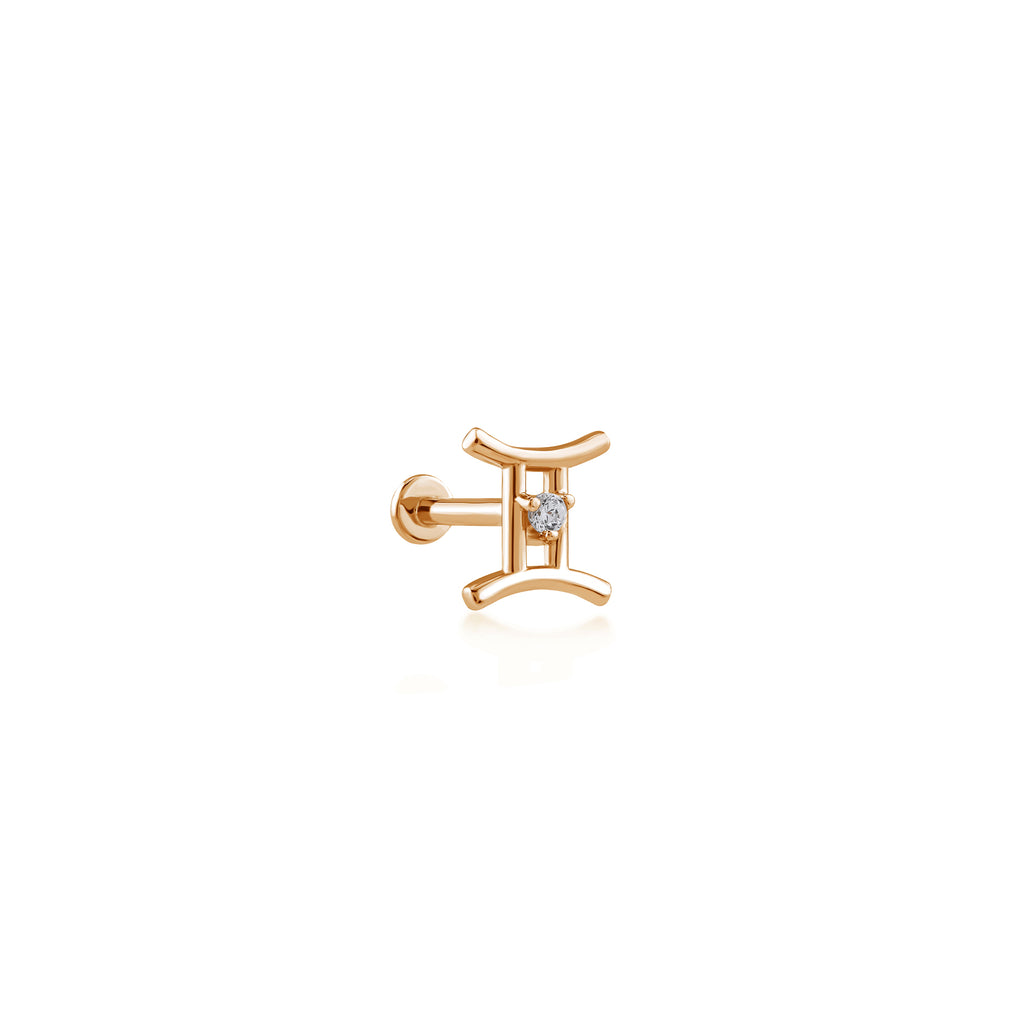 Gemini İkizler Burcu Taşlı Altın Piercing / 14 Ayar Rose Altın