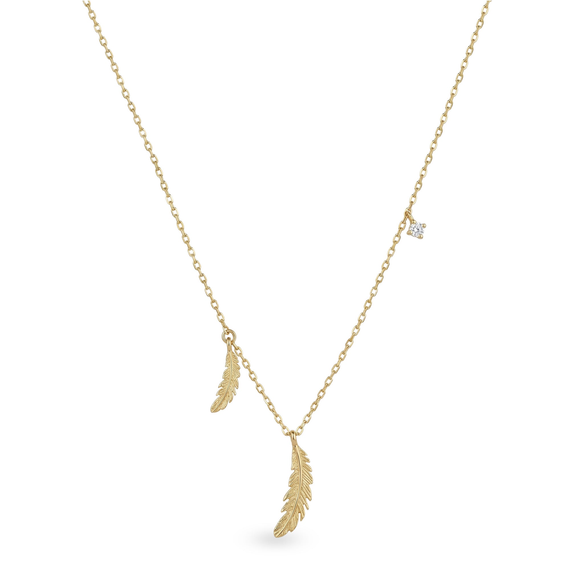 Çift Tüylü Taşlı Altın Kolye / 14 Ayar Sarı Altın