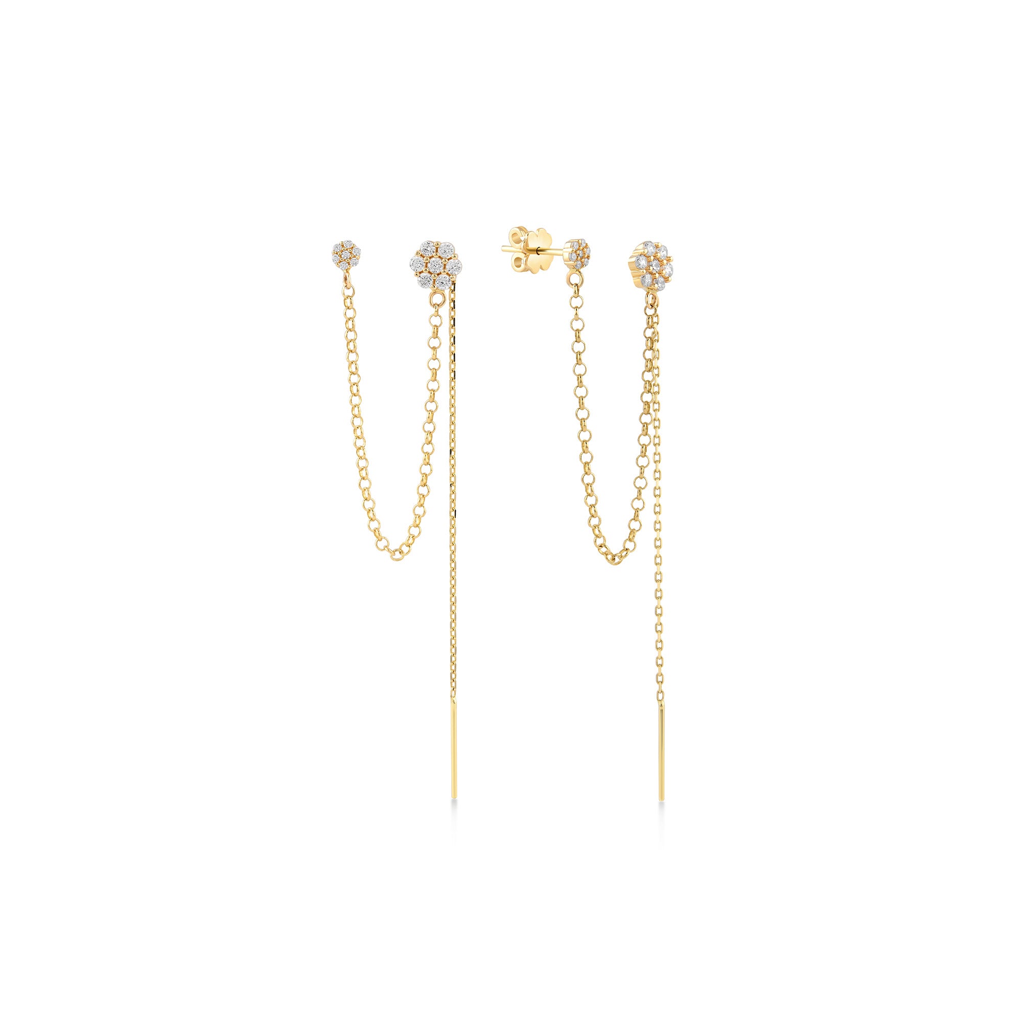 Çiçek Zincir Sallantılı Taşlı Tek Altın Küpe / 14 Ayar Sarı Altın