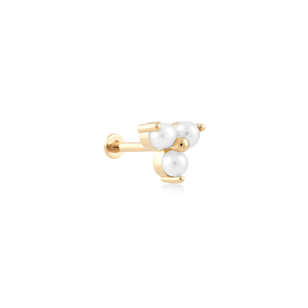 Üç Top İnci Taşlı Altın Tragus Piercing / 14 Ayar Sarı Altın