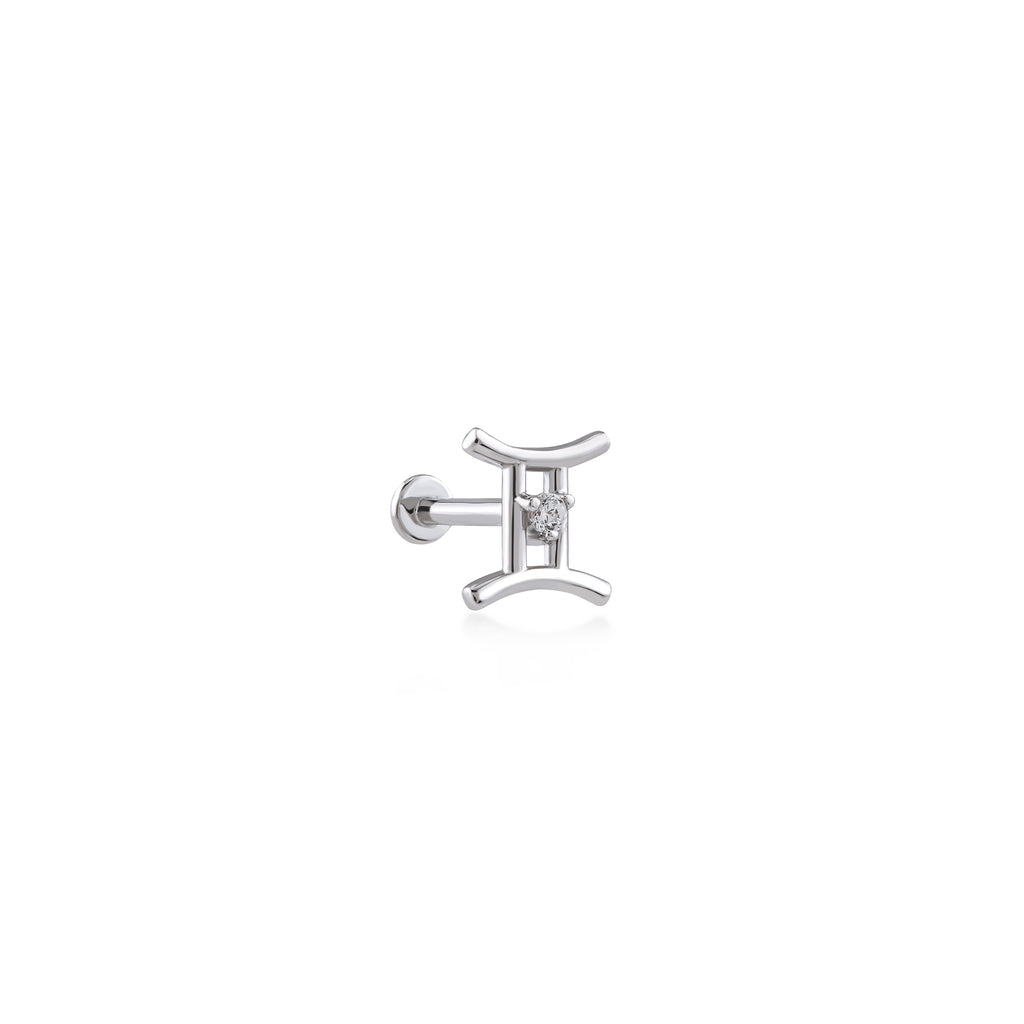 Gemini İkizler Burcu Taşlı Altın Piercing / 14 Ayar Beyaz Altın