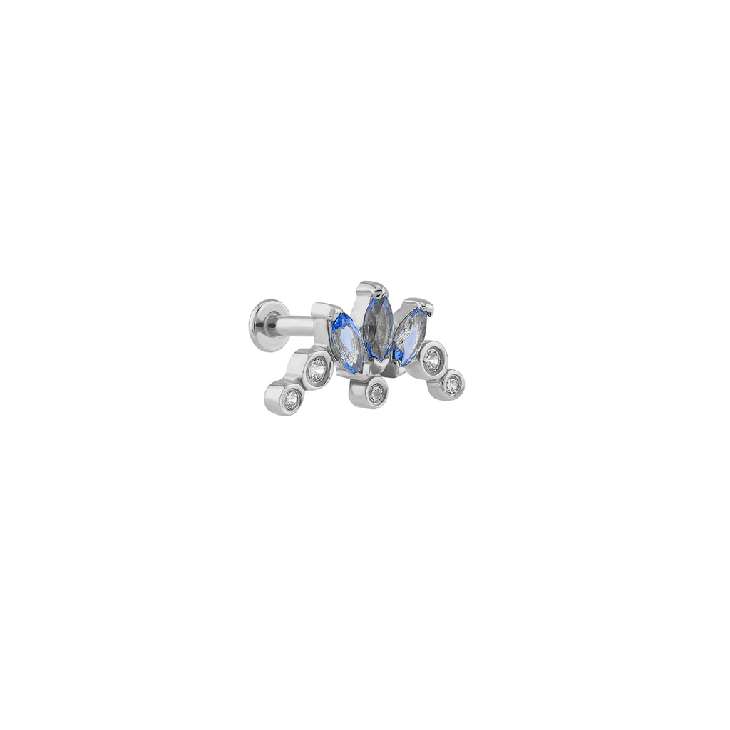 Tria Markiz Form Mavi Taşlı Altın Tragus Piercing / 14 Ayar Beyaz Altın