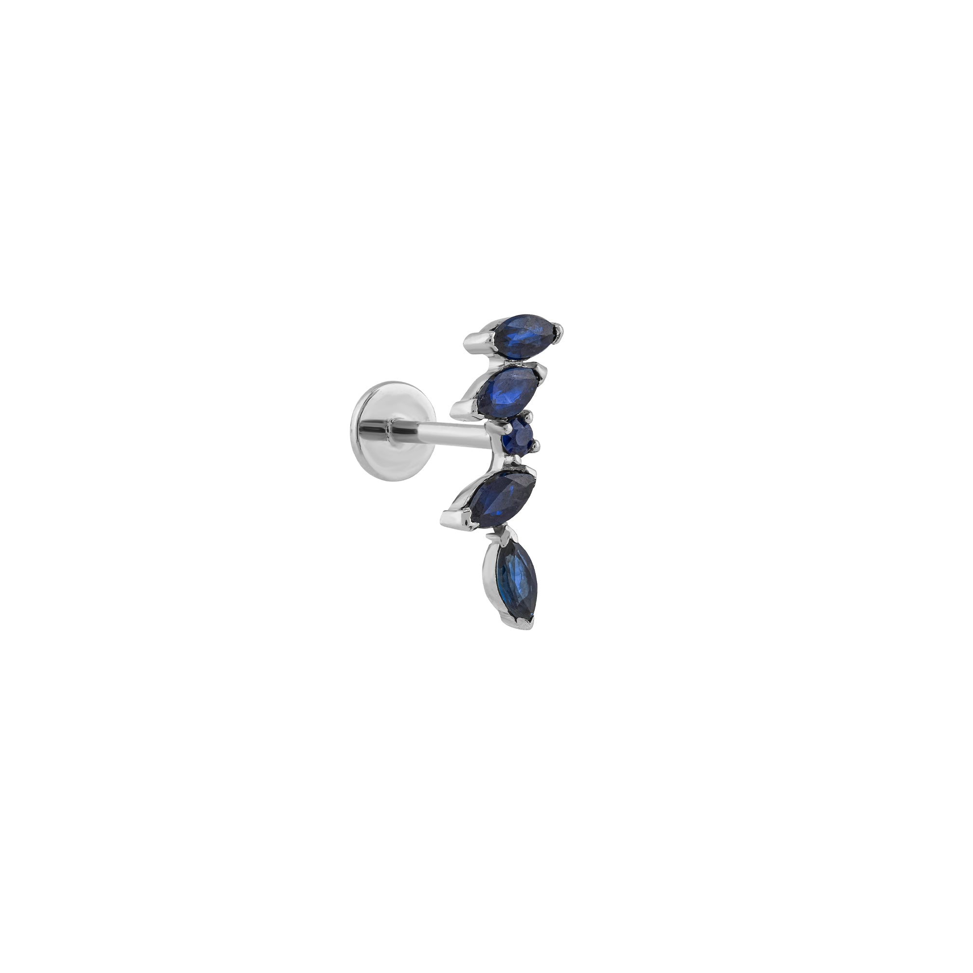 Asimetrik Markiz Form Mavi Taşlı Altın Piercing / 14 Ayar Beyaz Altın