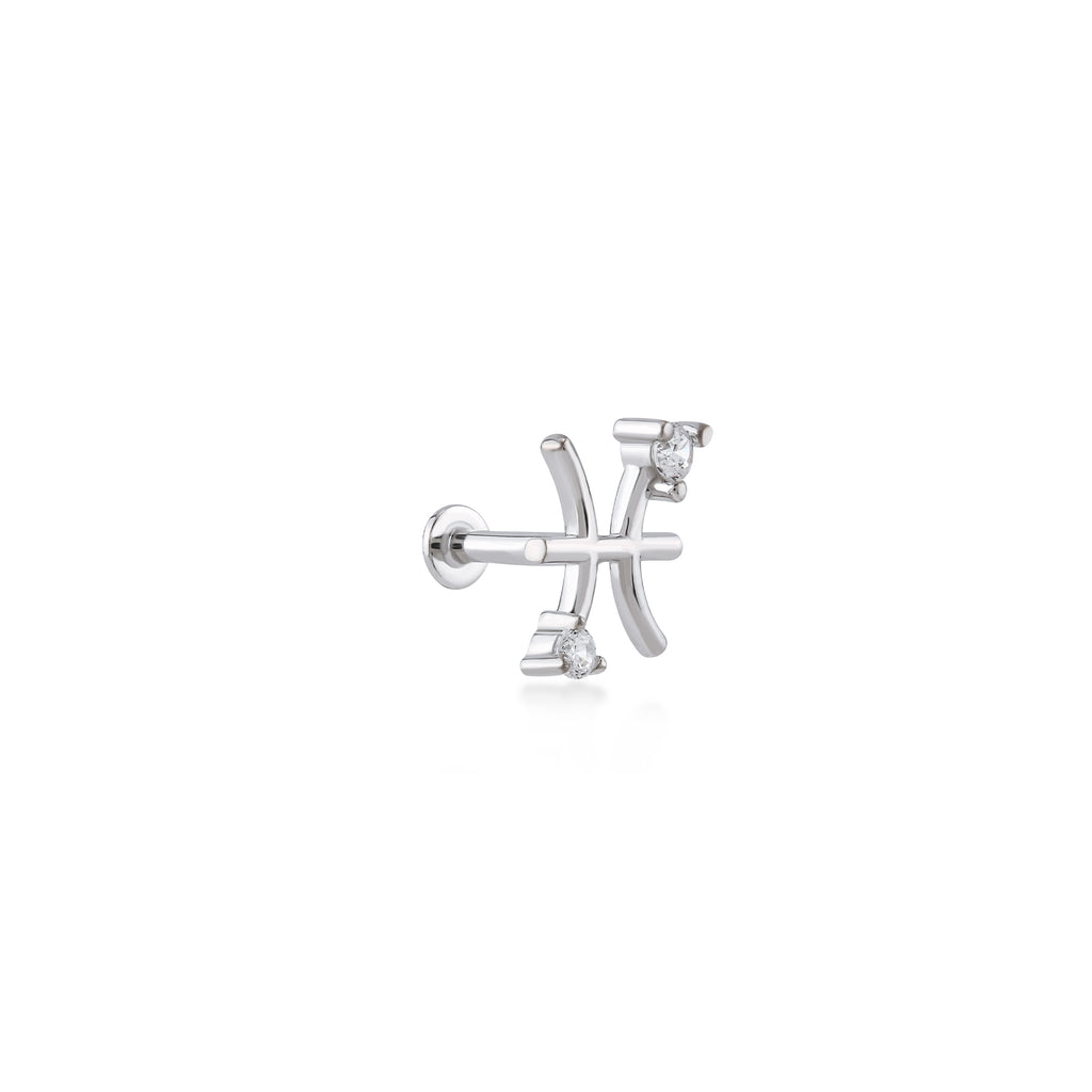 Pisces Balık Burcu Taşlı Altın Piercing / 14 Ayar Beyaz Altın
