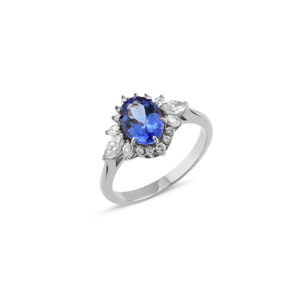 Tanzanit Taşlı 0.44 ct Pırlanta Yüzük / 18 Ayar Beyaz Altın