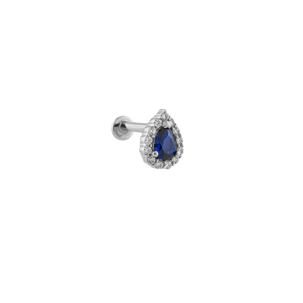 Mavi Taşlı Damla Altın Piercing / 14 Ayar Beyaz Altın