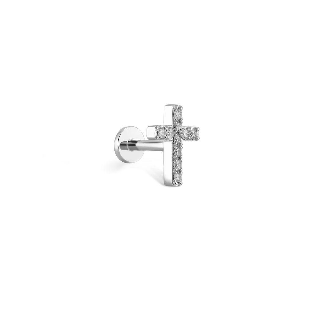 Cross Pırlanta Piercing / 14 Ayar Beyaz Altın
