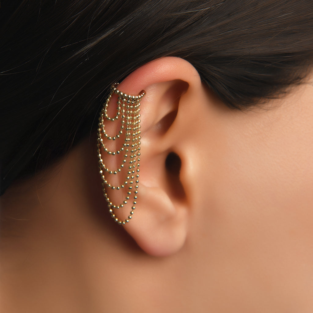 Toplu Sıkıştırmalı Dorika Kat Kat Sallantılı Altın Halka Earcuff / 14 Ayar Sarı Altın