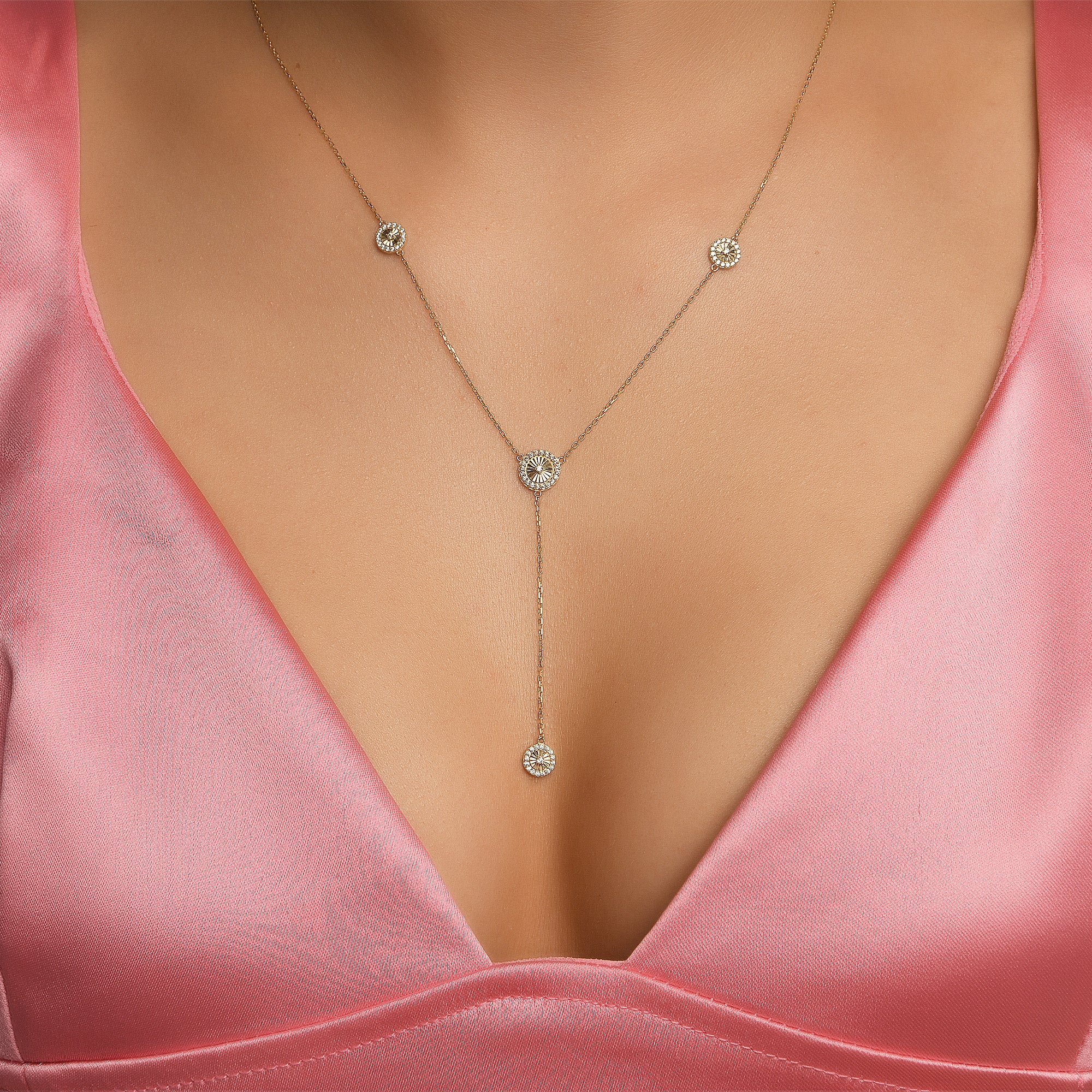 Flamenko Taşlı Sallantılı Y Model Altın Kolye / 14 Ayar Sarı Altın