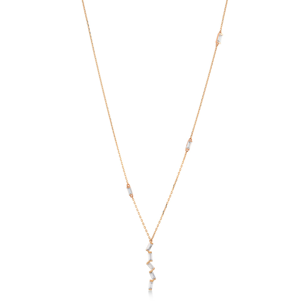 Bagetto Zigzag Taşlı Altın Kolye / 14 Ayar Rose Altın