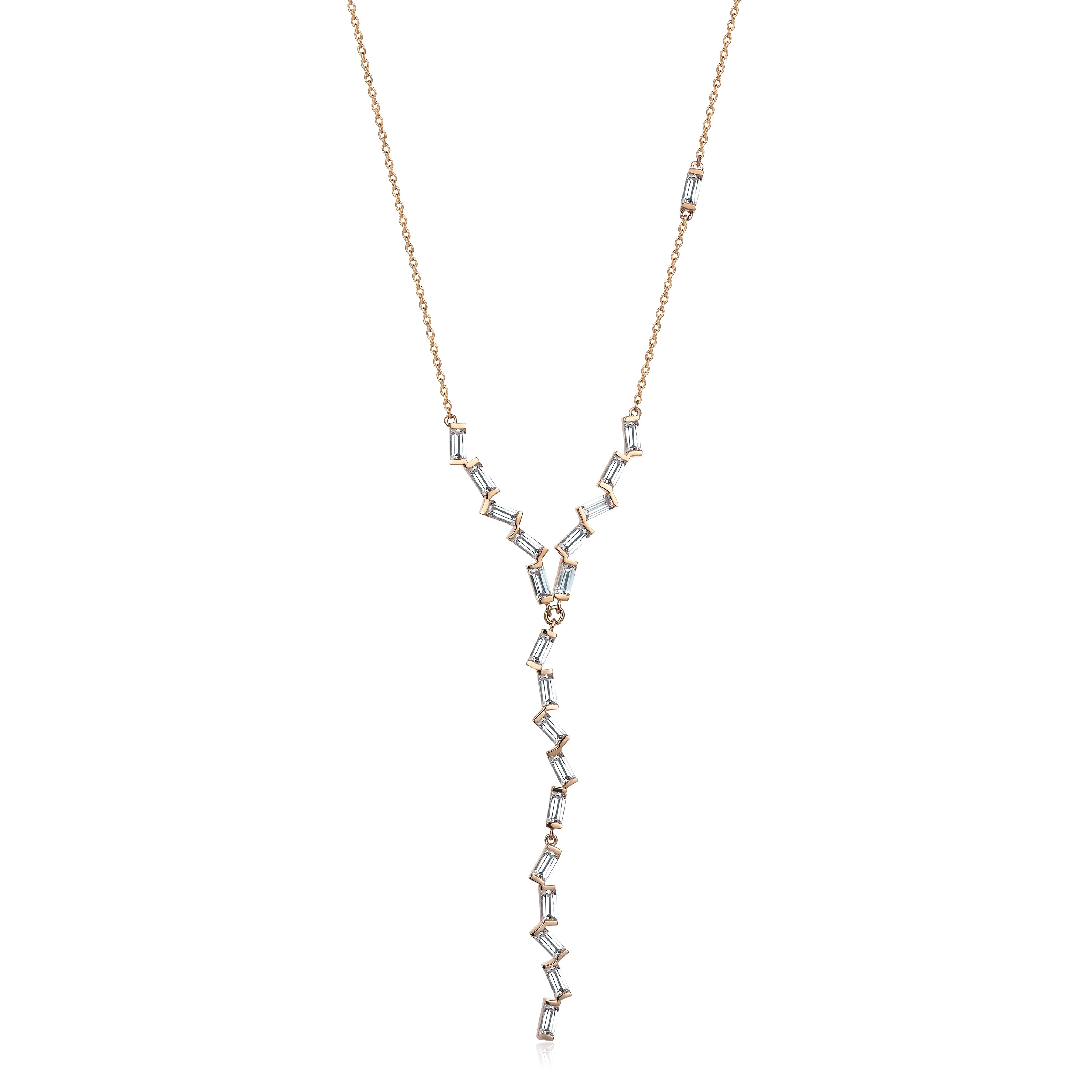 Bagetto Zigzag Sallantılı Taşlı Altın Kolye / 14 Ayar Rose Altın