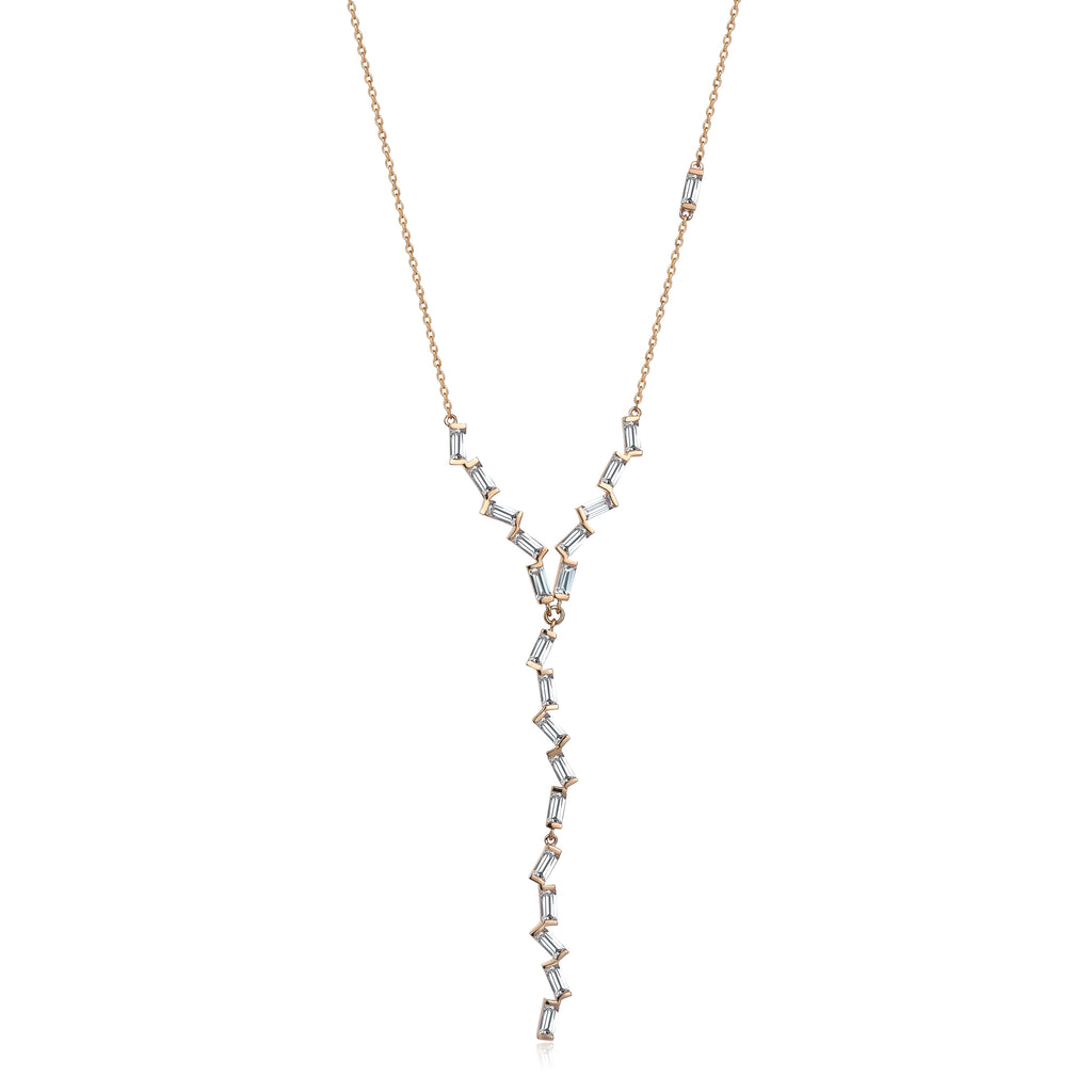 Bagetto Zigzag Sallantılı Taşlı Altın Kolye / 14 Ayar Rose Altın