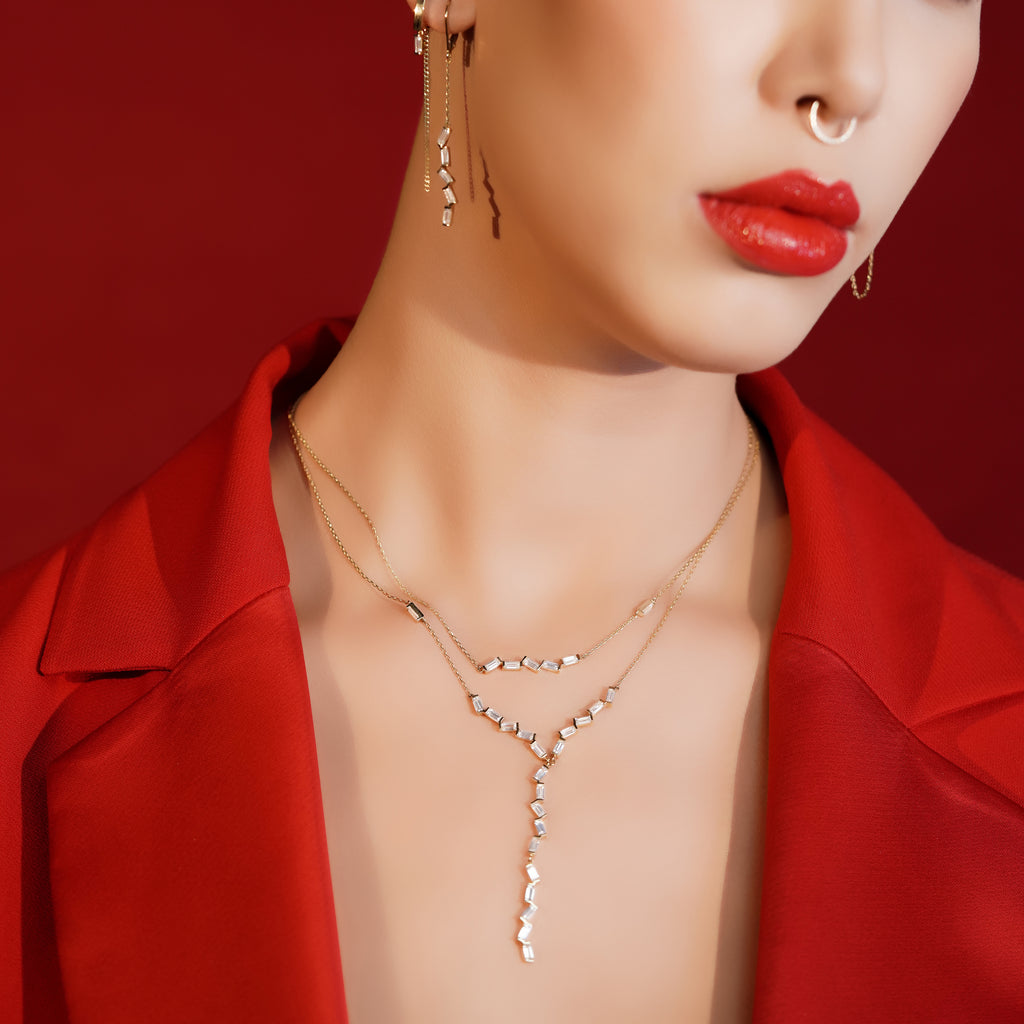 Bagetto Zigzag Sallantılı Taşlı Altın Kolye / 14 Ayar Rose Altın
