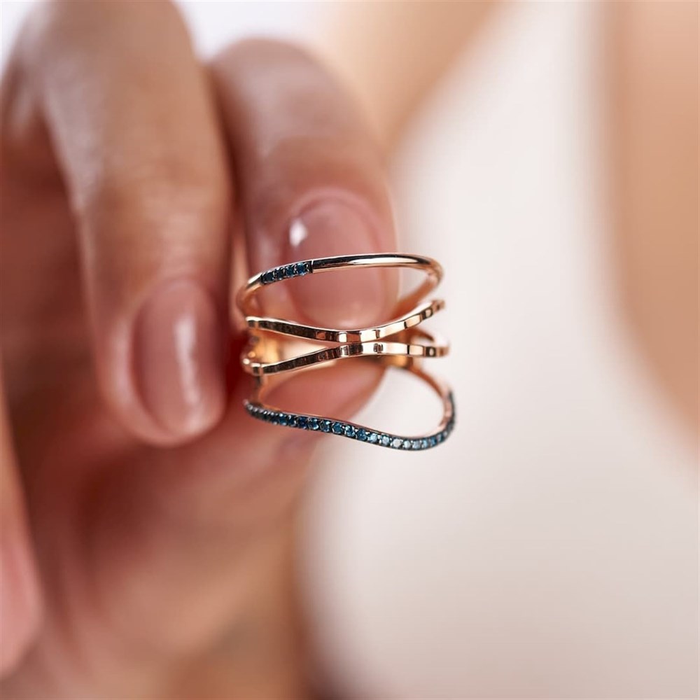 Piano Jewellery Cabaret Line Mavi Pırlanta Yüzük 14 Ayar Rose Altın / TR
